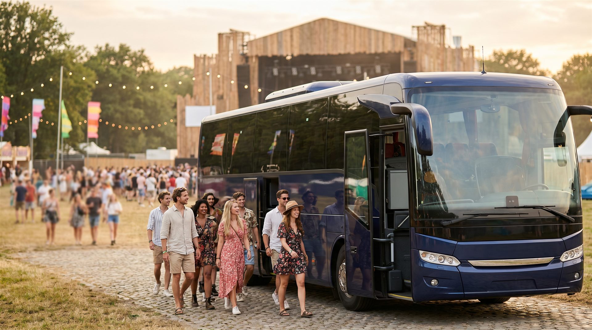 Autocar de tourisme avec festivaliers arrivant sur le site du Dour Festival en Belgique